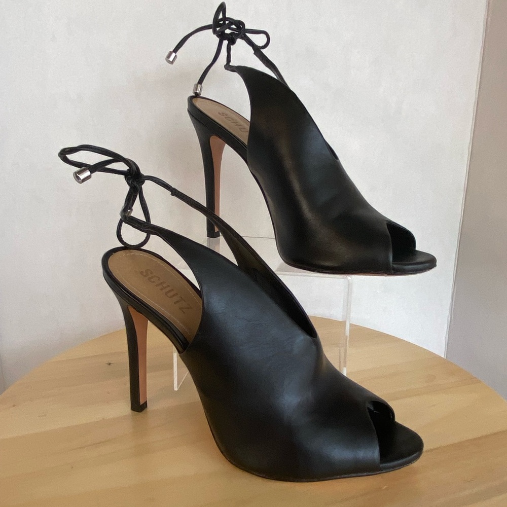SCHUTZ Black Peep-Toe Lace-Up Stilettos